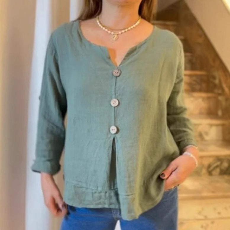 Dame Let bluse i linen med knapdetalje og plisserede elementer Stilla