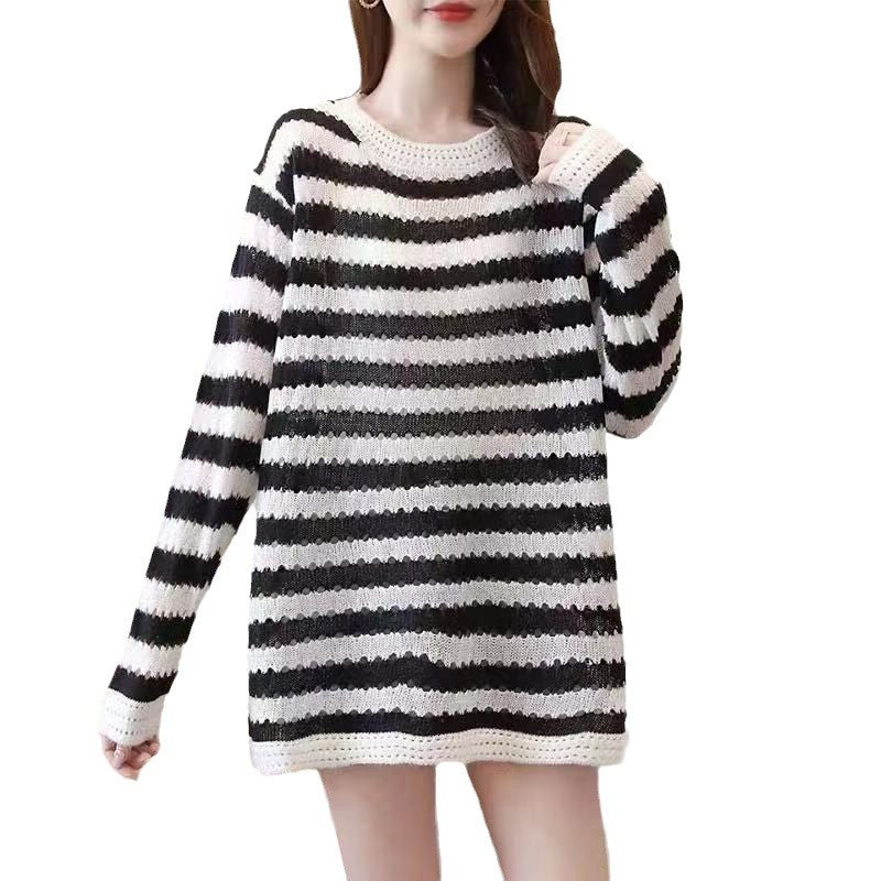Kvinders afslappede strikket sweater med stribet design og løs pasform