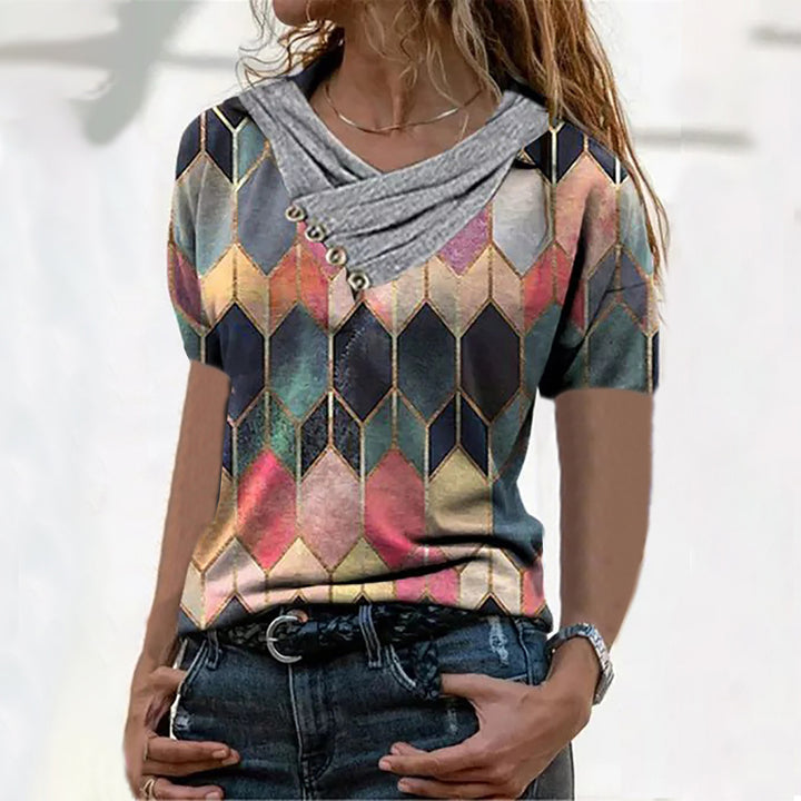 Dame Designer T-shirt med stilfuld krave og usædvanligt mønster Stilla