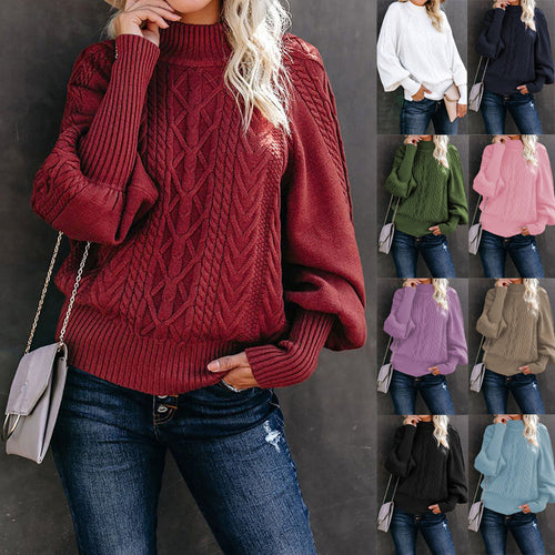Kvinders strikket sweater med opretstående krave og kabelmønster Stilla