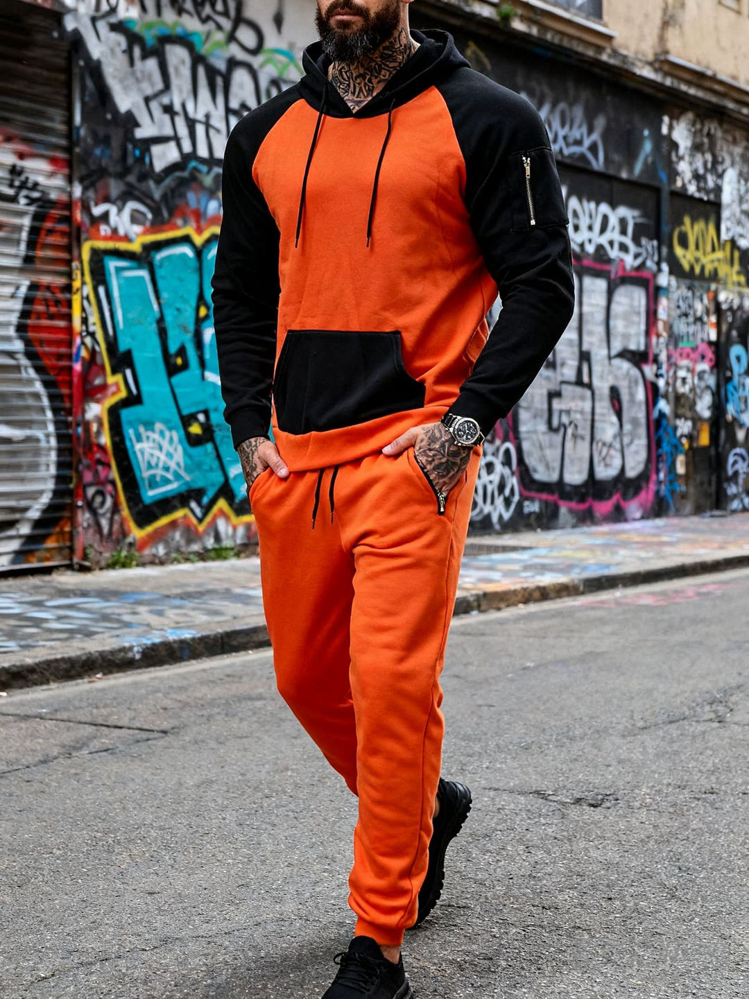 Herrer to-delt hætte-sweatset med raglanærmer, ærme-zip-lomme og tapered joggingbukser Skovae