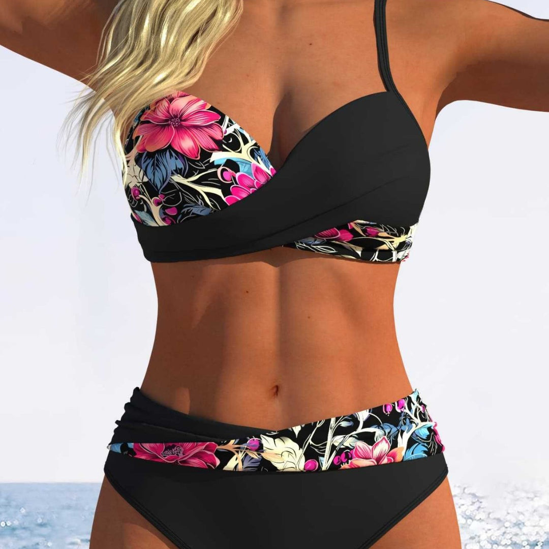 Dame Bikini-Sæt med blomster-wrap-mønster og behagelige high-waist-trusser Skovae