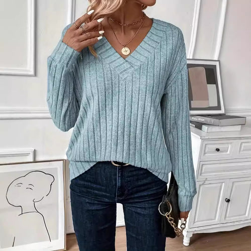 Dame Elegant V-hals top med struktureret ribdesign Stilla