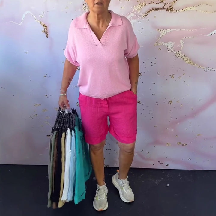 Dame nano Linned shorts med ophængt kant, knap- og lynlåslukning samt sidelommer Skovae