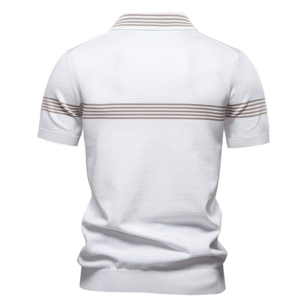Herrer nan edelt finstrik-polo-shirt med kort metal lynlås, ribbede ærmer og kontrasterede stribebånd Skovae