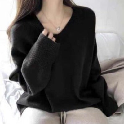 Kvindernes chunky strik V-hals sweater med en afslappet pasform og oversized ærmer Stilla
