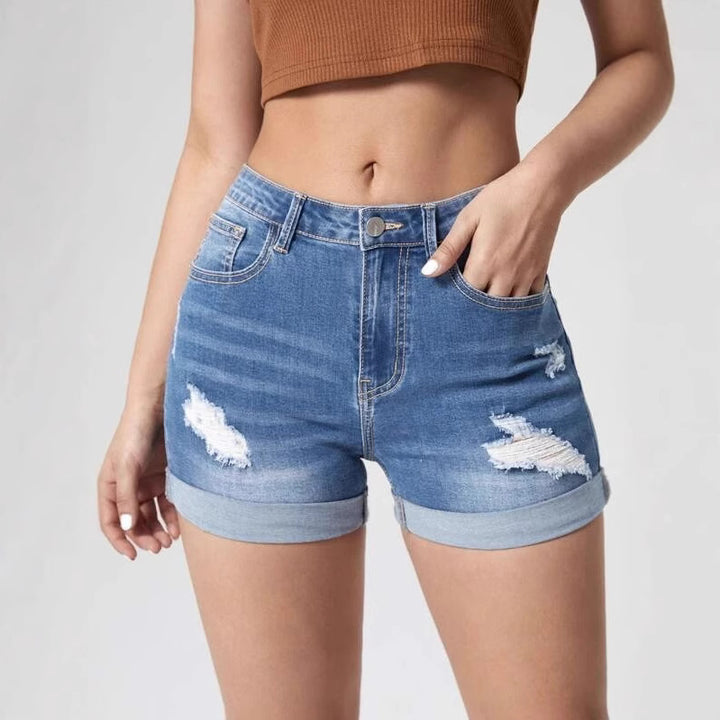 Dame High-Waist Jeans-Shorts med destroyed detaljer og fashionable sømme Stilla