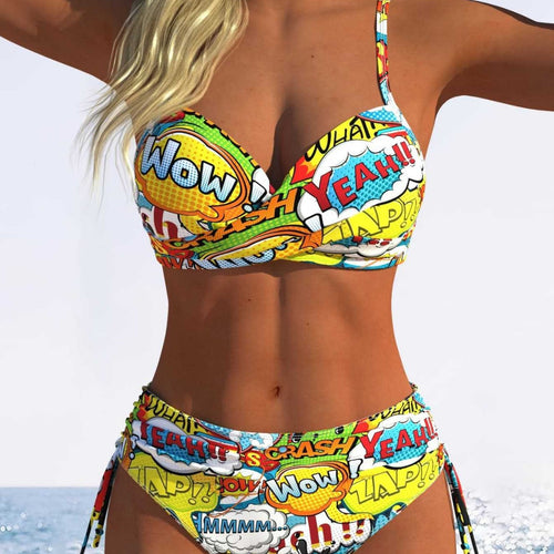 Dame bikini-sæt med legesyg comic-print og justerbare sidesnore Skovae