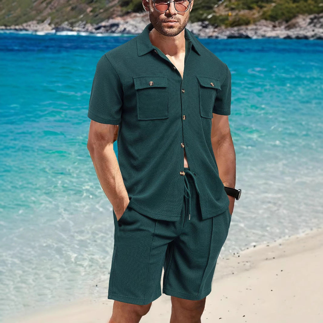 Herrer afslappet strandskjorte og shorts sæt med praktiske lommer Stilla