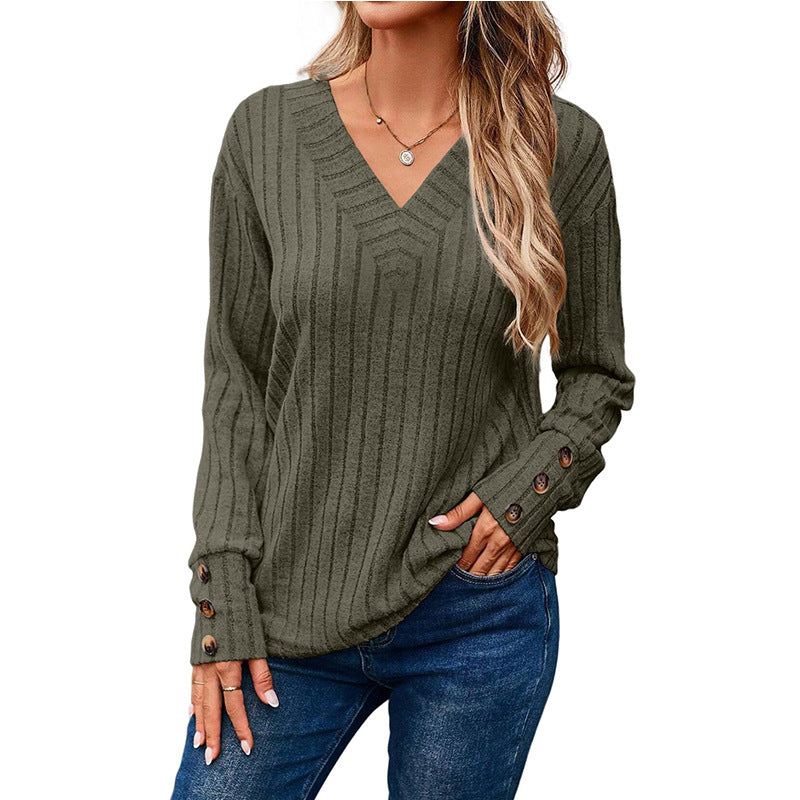 Dame afslappet V-hals sweater med fine striber Stilla
