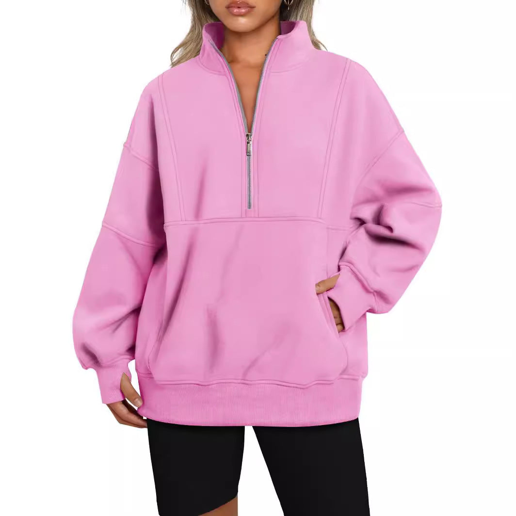 Dame Sporty Hoodie med halvdelen lynlås og voluminøse ærmer Stilla