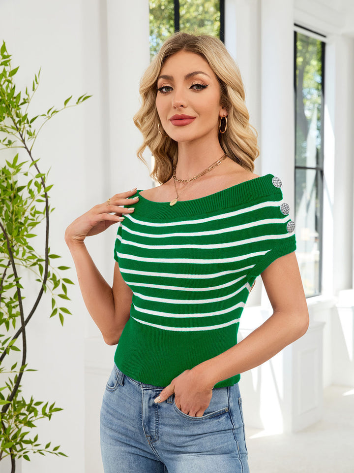 Damer mode stribepullover med dekorative knapper Skovae