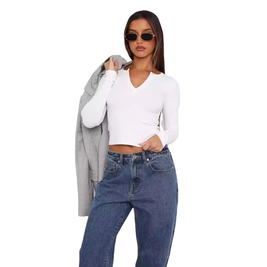 Dame Langærmet Crop-Top med elegant V-udskæring og figursyet snit Skovae