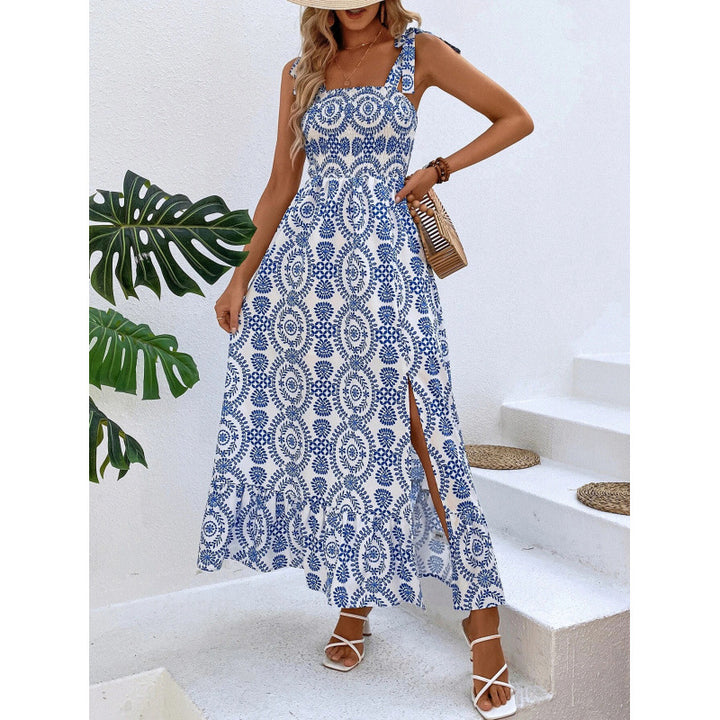 Dame Bohemian Print Maxi Kjole med Side Slids Stilla