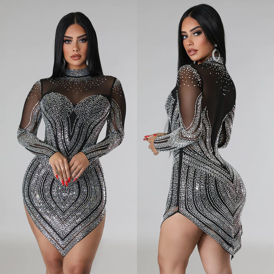 Dame Glamourøst Spidskjole med Rhinestone-applikationer og gennemsigtigt design Stilla