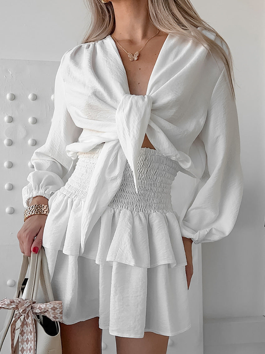 Dame sæt af elastisk top og svingende flæsebluse Stilla