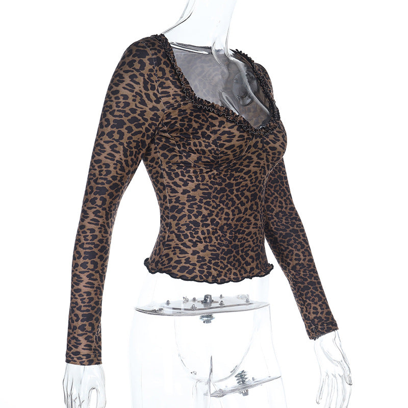 Dame elegant leopardmønster langærmet top Skovae
