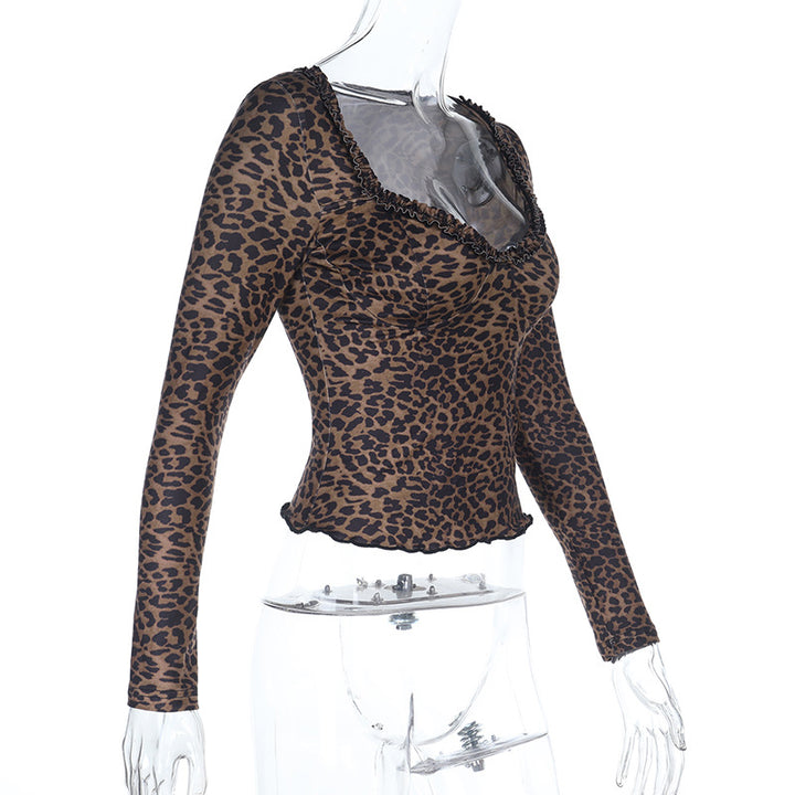 Dame elegant leopardmønster langærmet top Skovae