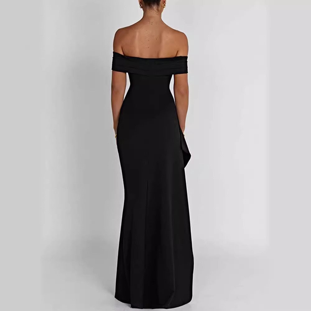 Damer Elegant Off-Shoulder Maxikjole med høj split og draperinger Skovae