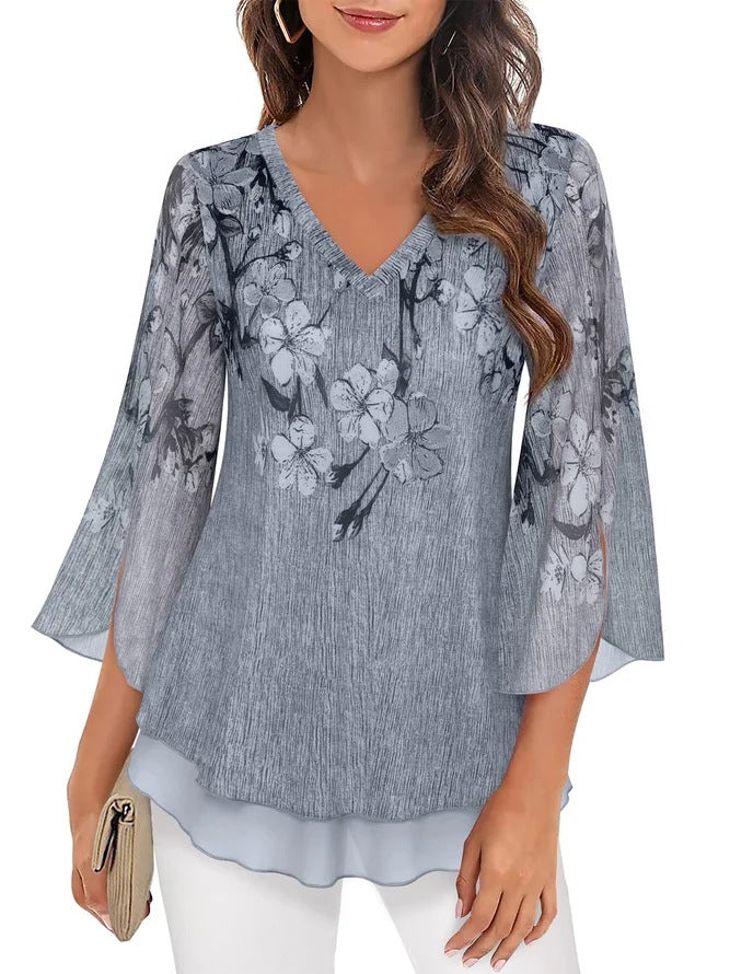 Dame elegant chiffonbluse med florale applikationer og bred ærme Stilla