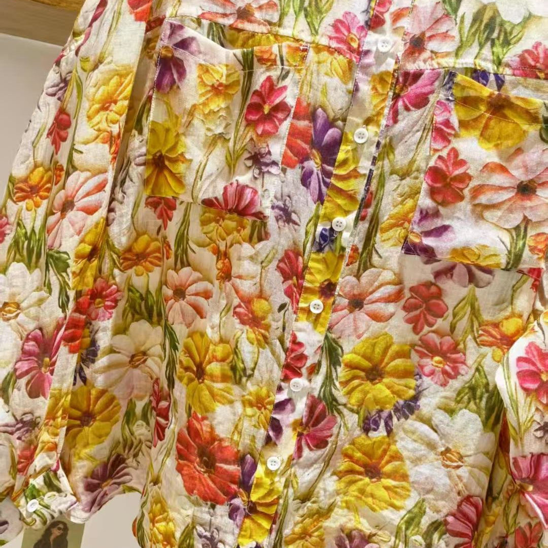 Dame Floral Print Tekstureret Knappet Skjorte Stilla