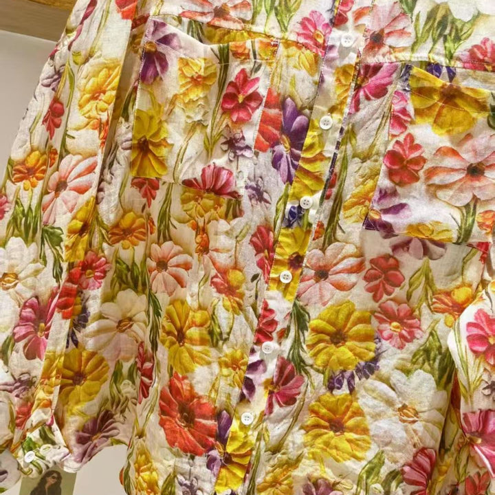 Dame Floral Print Tekstureret Knappet Skjorte Stilla