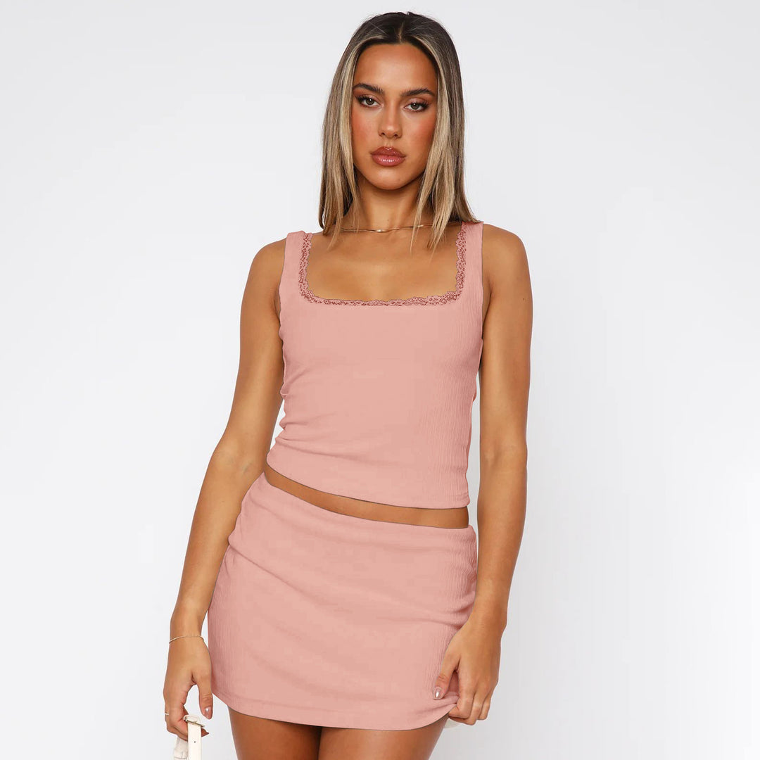 Dame Bodycon Crop-Top og Mini nederdel sæt i ribstrikdesign Stilla
