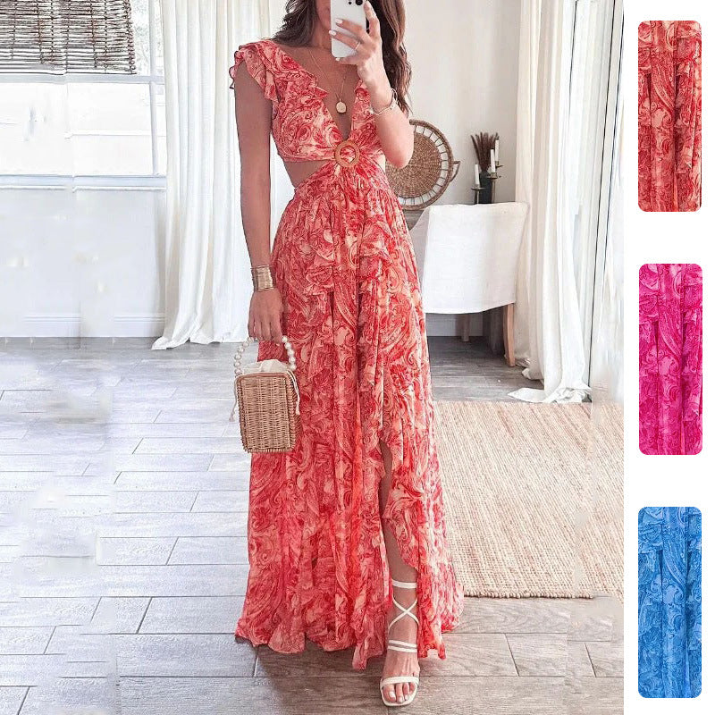 Damer Lang Maxi Kjole med Elegant Udsnit Design og Flæse Udhalsning Stilla