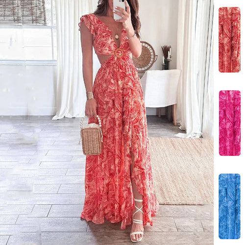 Damer Lang Maxi Kjole med Elegant Udsnit Design og Flæse Udhalsning Stilla