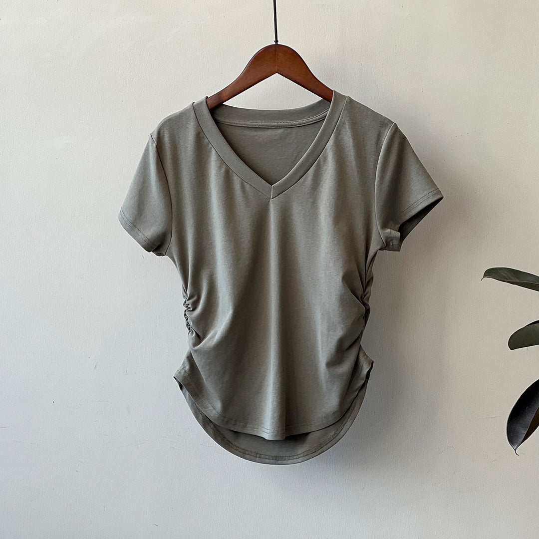 Dame V-hals T-shirt med afslappet silhuet og kvalitets bomuldsblanding Stilla