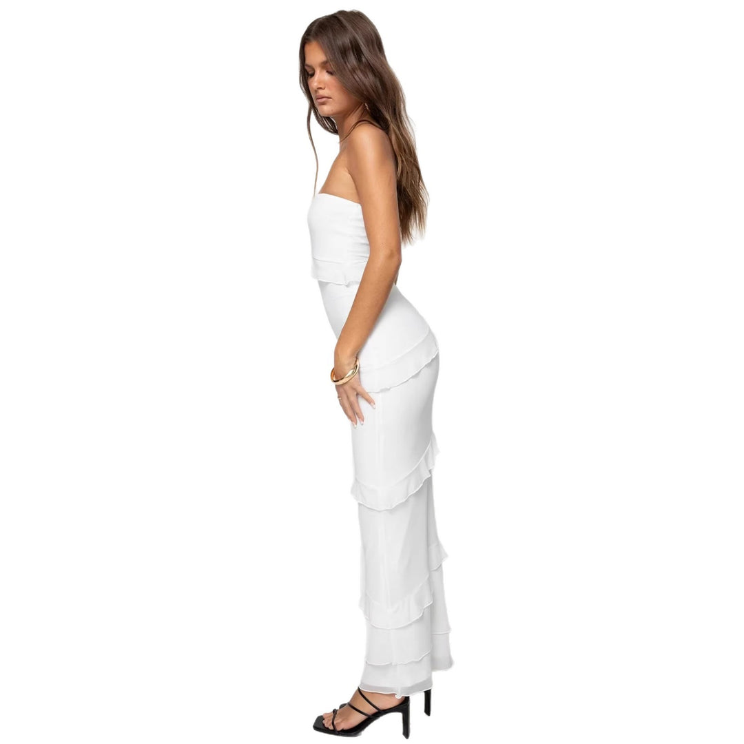 Dame Elegant Maxi-Kjole med Flæsedetaljer og Off-Shoulder Design Skovae