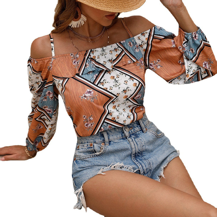 Dame Off-Shoulder Bohemian Floral Bluse med Flæseærmer Stilla