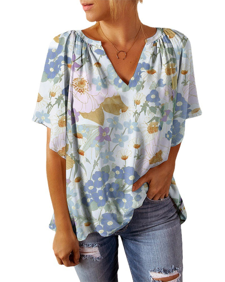 Dame blomster mønster V-hals bluse Stilla