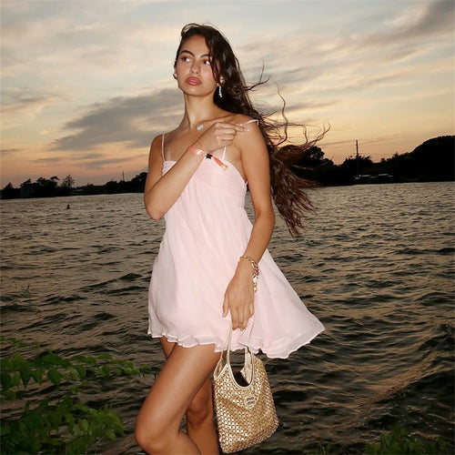Dame sommerligt minikjole med sarte spaghetti stropper og svajende skørt Skovae