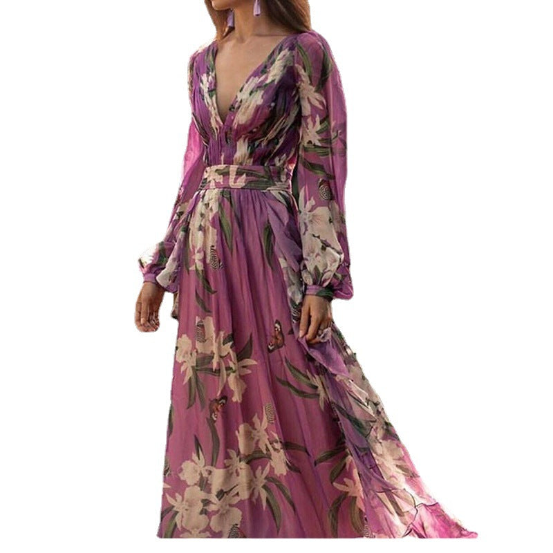 Dame Maxi-kjole med blomster chiffon og elegant flæse Stilla
