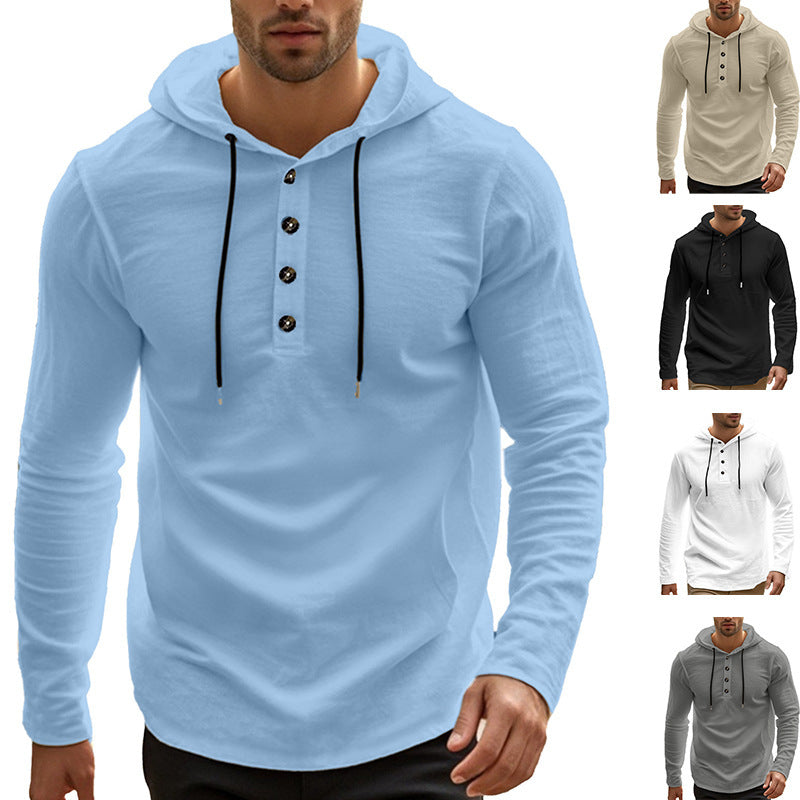 Herrer casual hættepullover i Henley-stil med knaplukning og justerbar snor Skovae