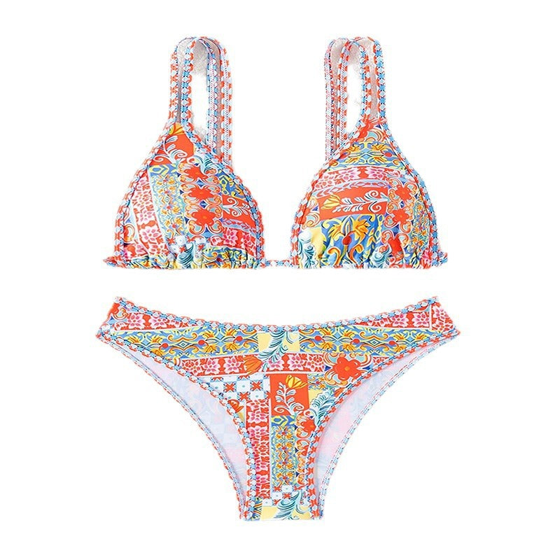 Dame Triangel-Bikini med kreativt blomsterdesign og justerbare stropper Skovae