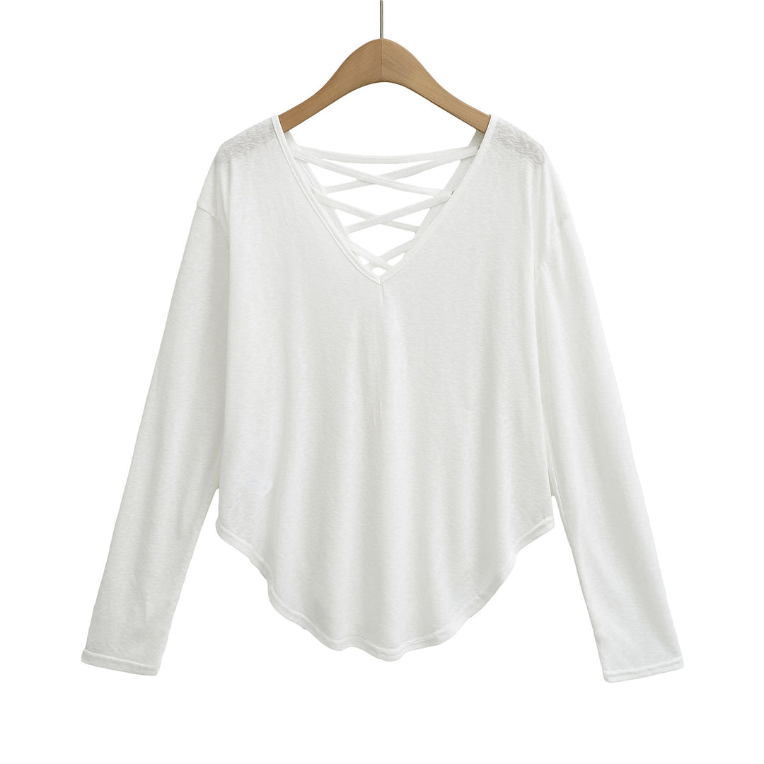 Dame langærmet shirt med dyb V-udskæring og elegant snøredetail Stilla