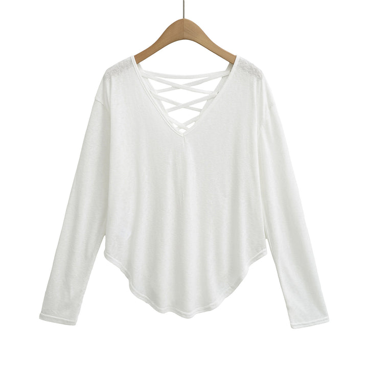 Dame langærmet shirt med dyb V-udskæring og elegant snøredetail Stilla