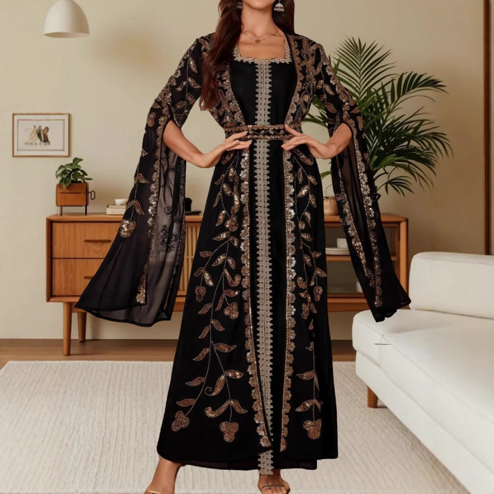 Kvinders elegante kaftan kjole med detaljeret broderi og flydende snit