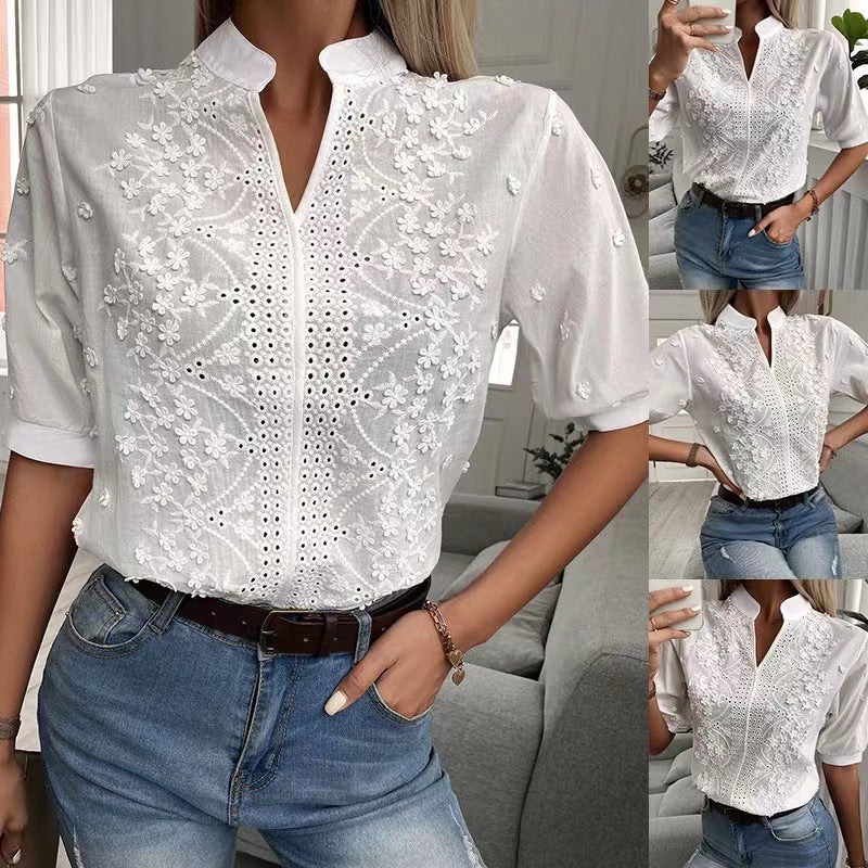 Damer elegant broderet bluse med høj krave Stilla