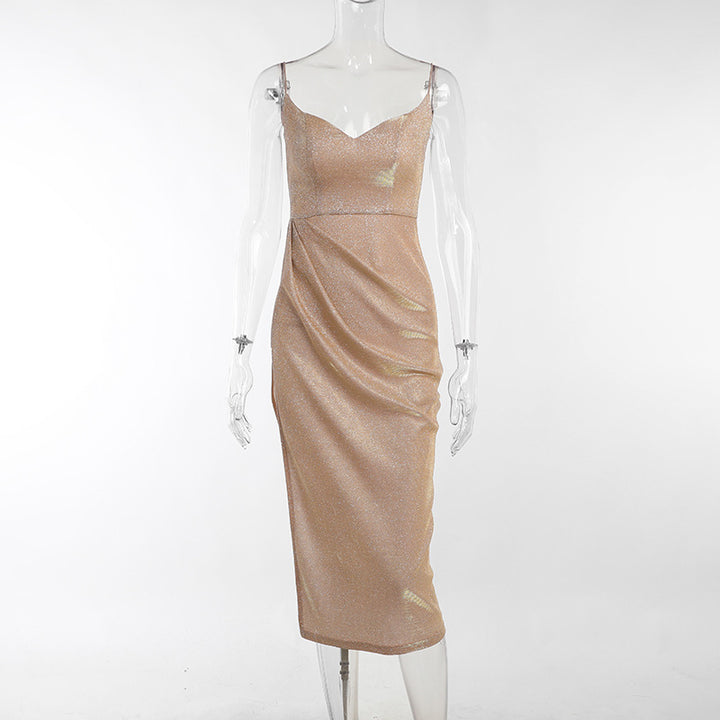 Dame elegant metallic- effekt midikjole med spaghetti stropper Skovae