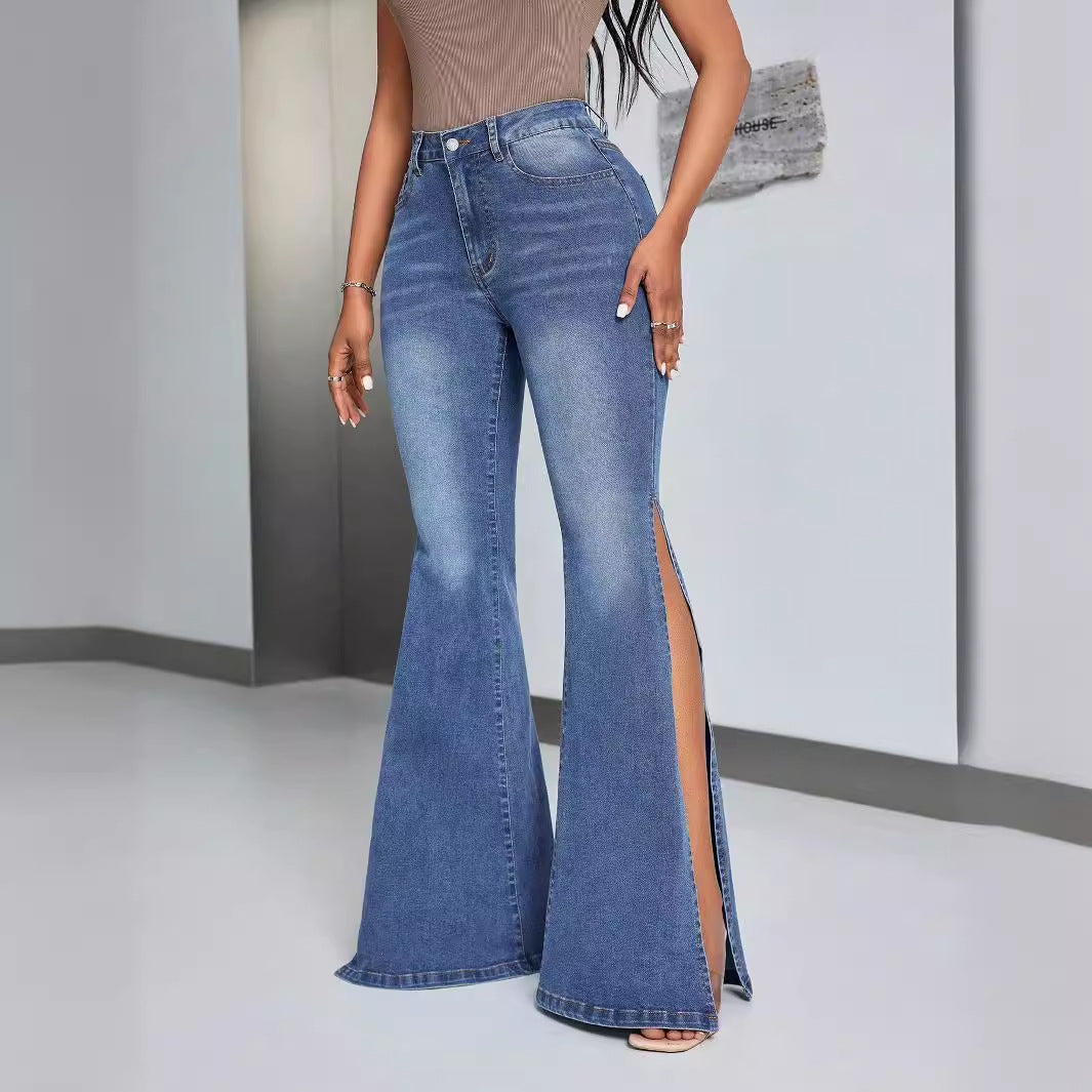 Kvindernes elegante højtaljede flagede jeans med sideslids Stilla