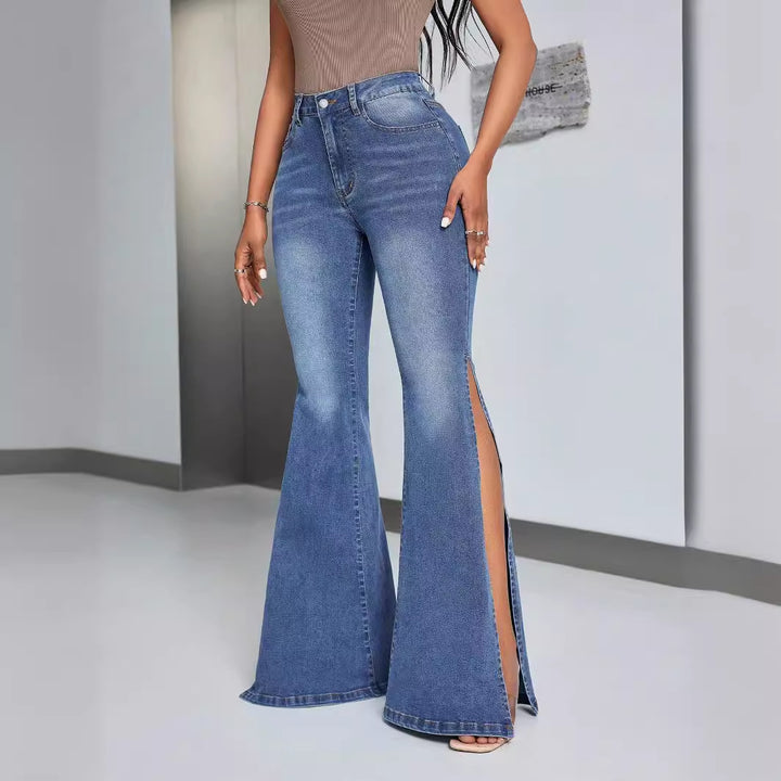 Kvindernes elegante højtaljede flagede jeans med sideslids Stilla