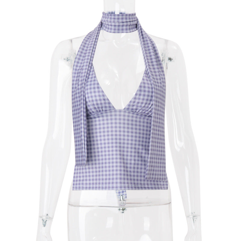 Dame halterneck top med fordelagtig snit og ternet design Stilla