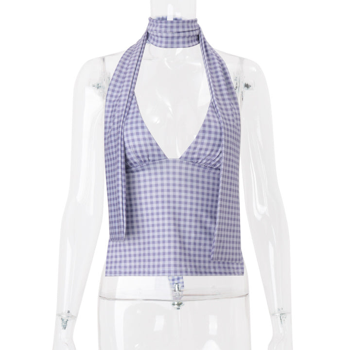 Dame halterneck top med fordelagtig snit og ternet design Stilla