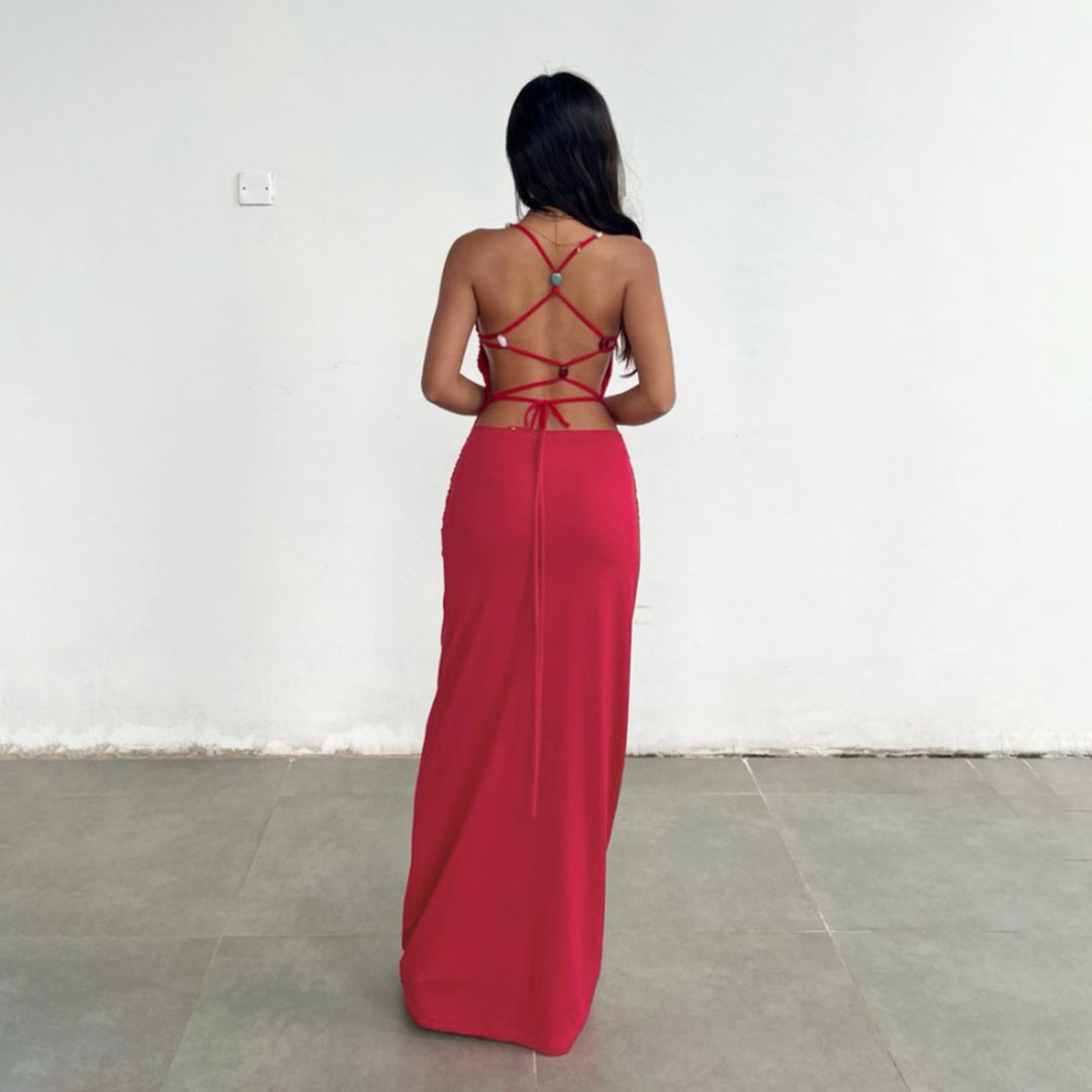 Damen elegantes Maxikleid mit raffinierten Rüschendetails und verstellbaren Trägern Skovae