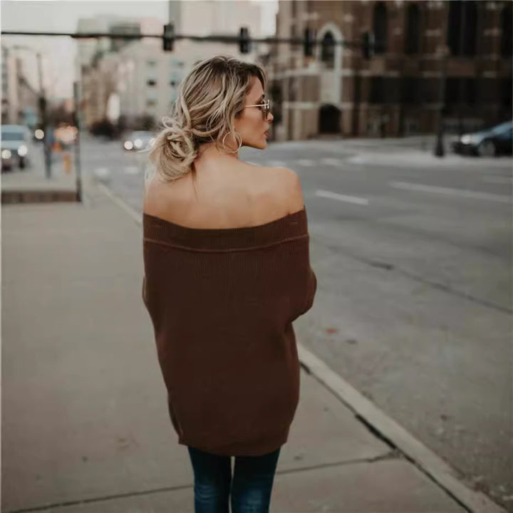 Damer afslappet off-shoulder strikpullover med løs pasform og stribet design Stilla