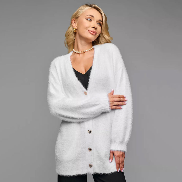 Dame Oversized Cardigan med Hjerteknapper og Blødt Materiale Stilla