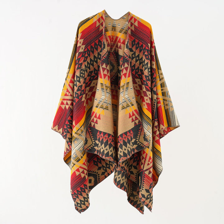 Dame Geometrisk Overhangsponcho med Varmt Materiale og Trendy Mønstring Skovae
